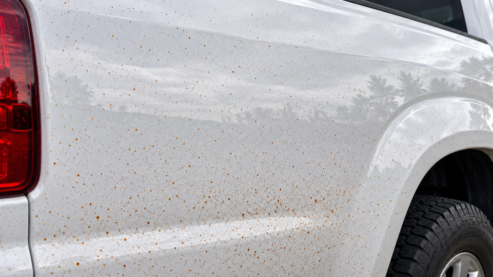 Before: fine orange iron fallout specks scattered across white paint