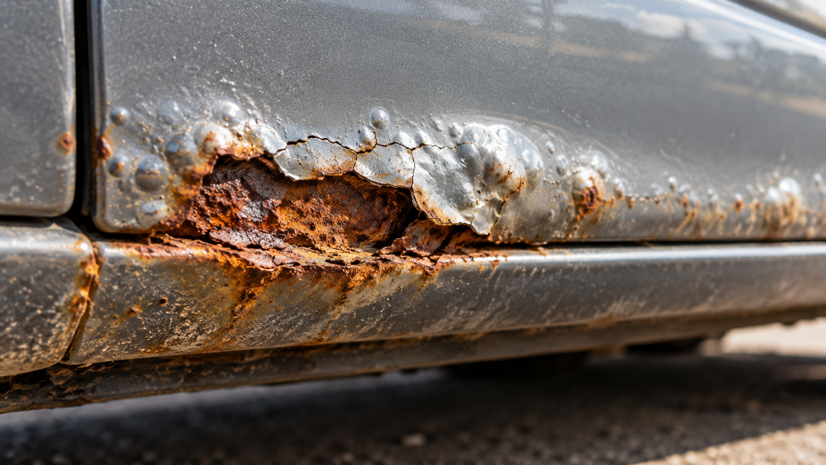 Paint blistering and lifting where real rust is coming up through the panel