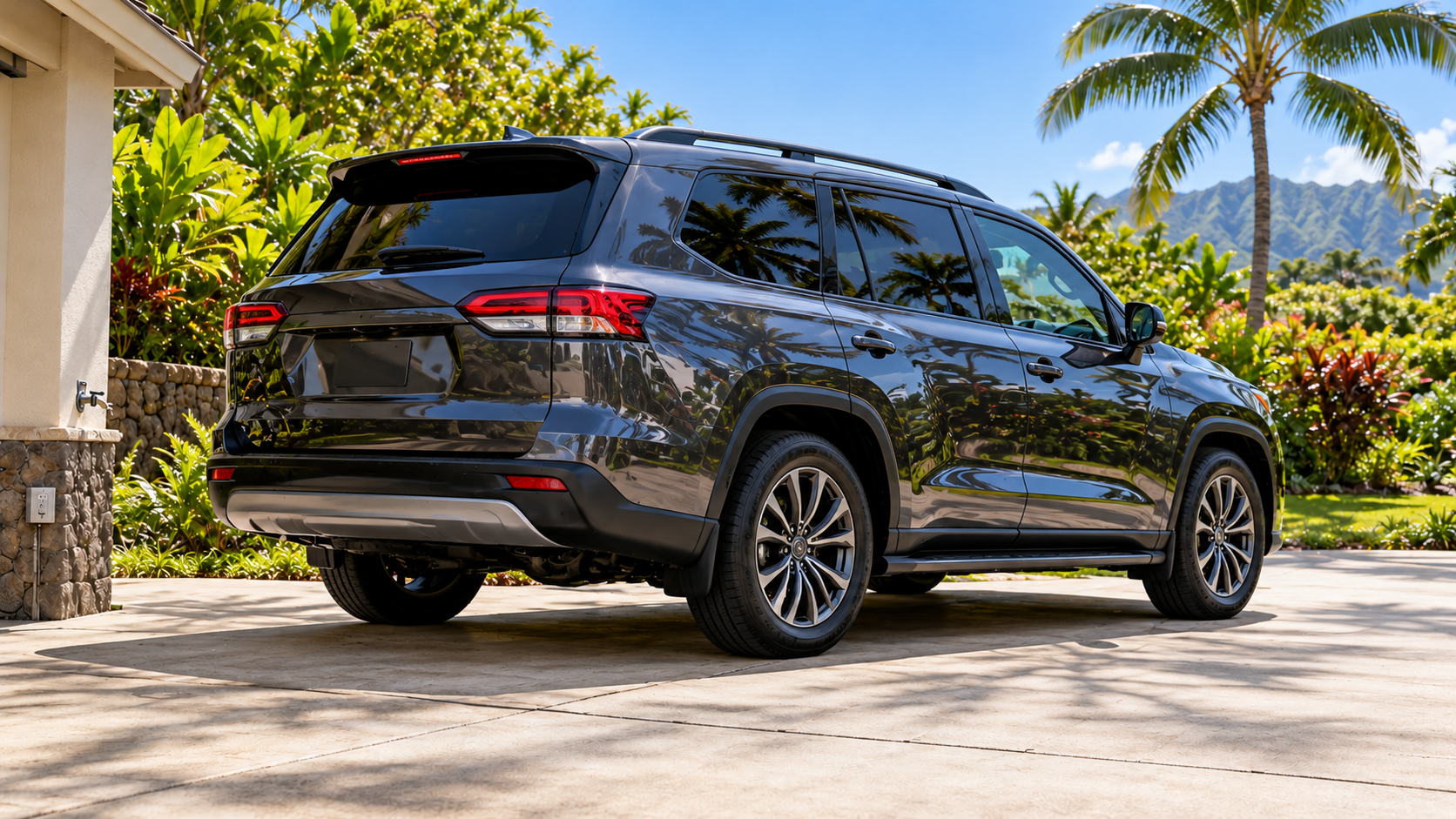 Freshly detailed SUV alone on a clean dry driveway after the job