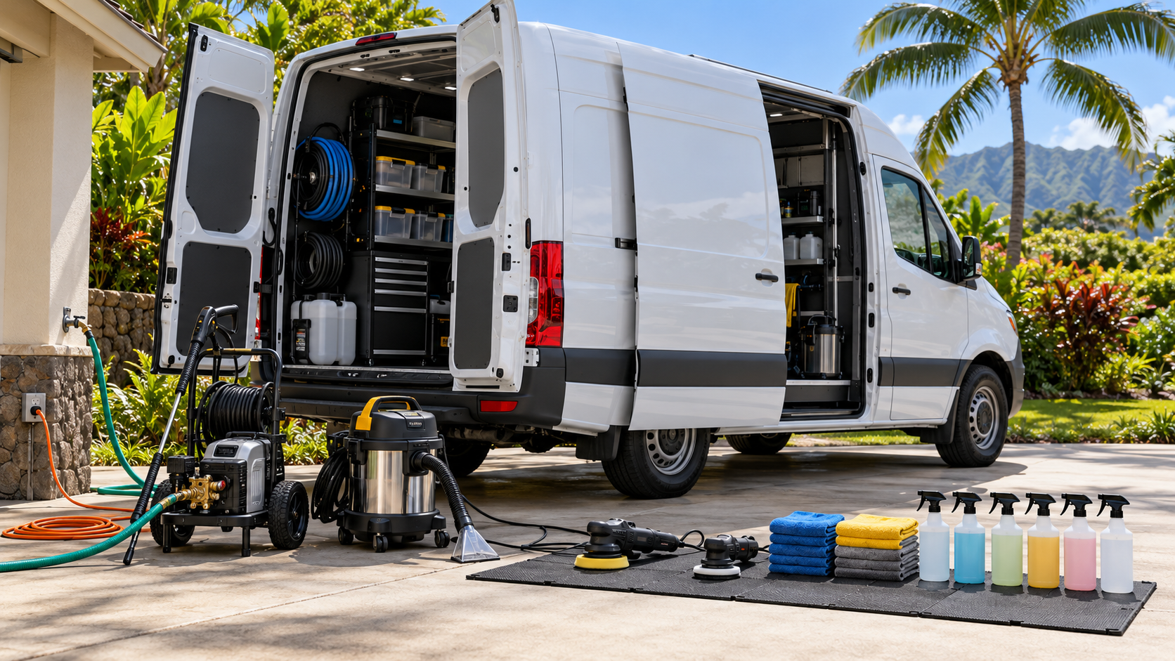 Work van parked with detailing equipment staged neatly on a residential driveway
