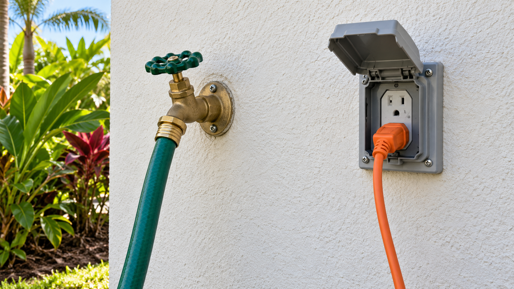 An outdoor garden hose spigot and a weatherproof outdoor electrical outlet