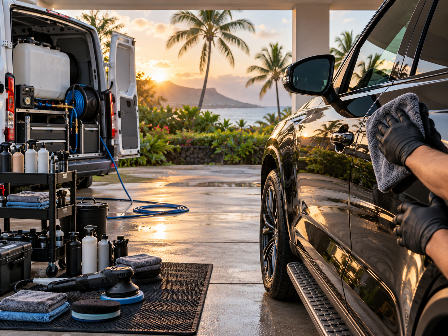Mobile detailing setup working on a vehicle at a Big Island home
