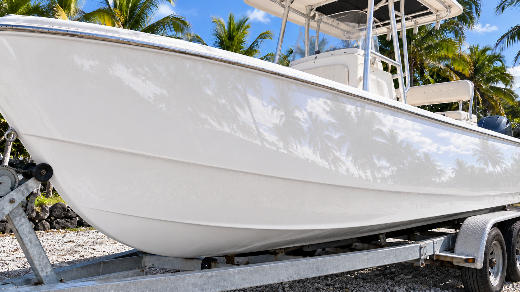 After: the same hull restored to deep wet gloss reflecting the sky