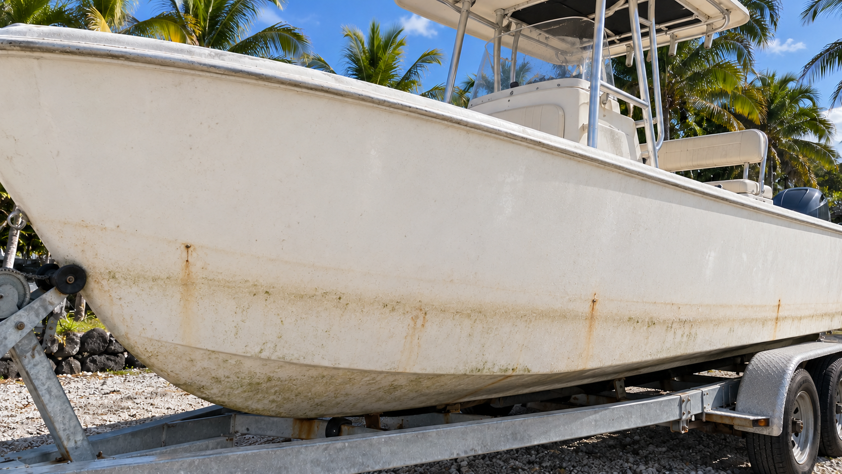 Before: chalky oxidised gelcoat hull with a stained waterline