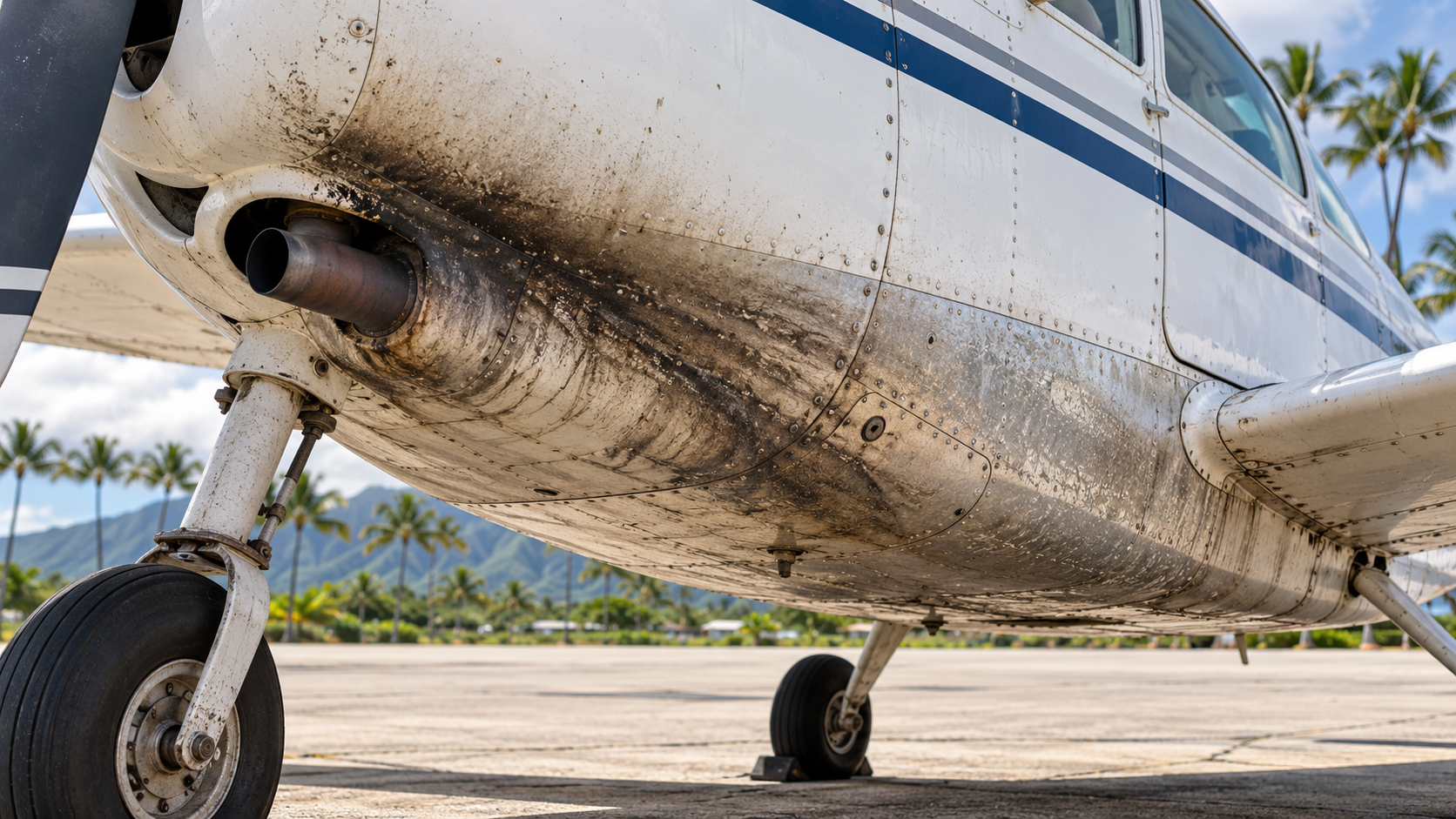 Before: exhaust soot streaks and oxidised aluminium on an aircraft belly