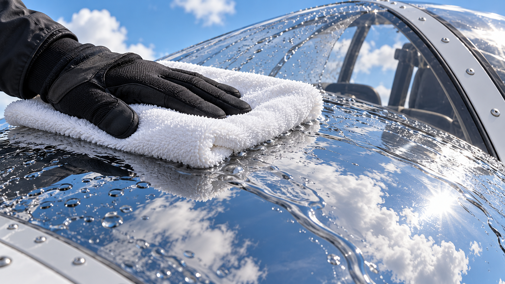 A clean microfibre towel laid flat across a flooded aircraft windscreen in a straight stroke