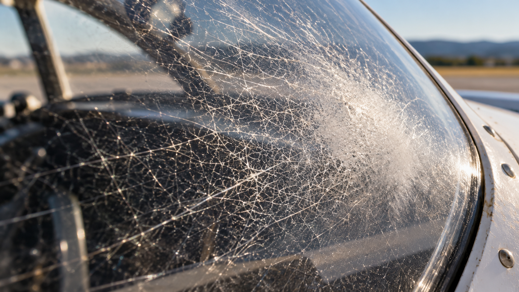 Aircraft acrylic windscreen with a dense network of crazing cracks through the plastic