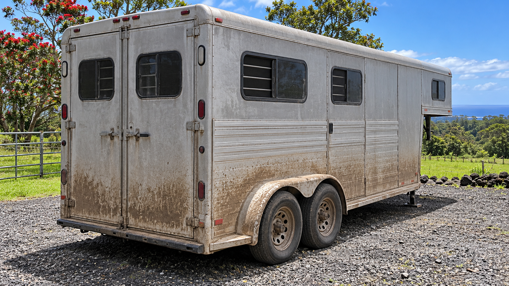 Before: chalky oxidised aluminium horse trailer with heavy road film along the lower sides