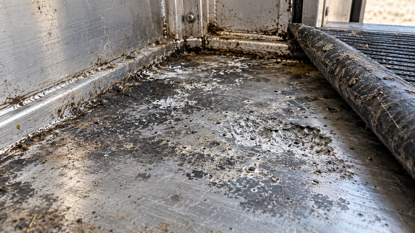 Trailer floor corrosion revealed under a lifted rubber mat