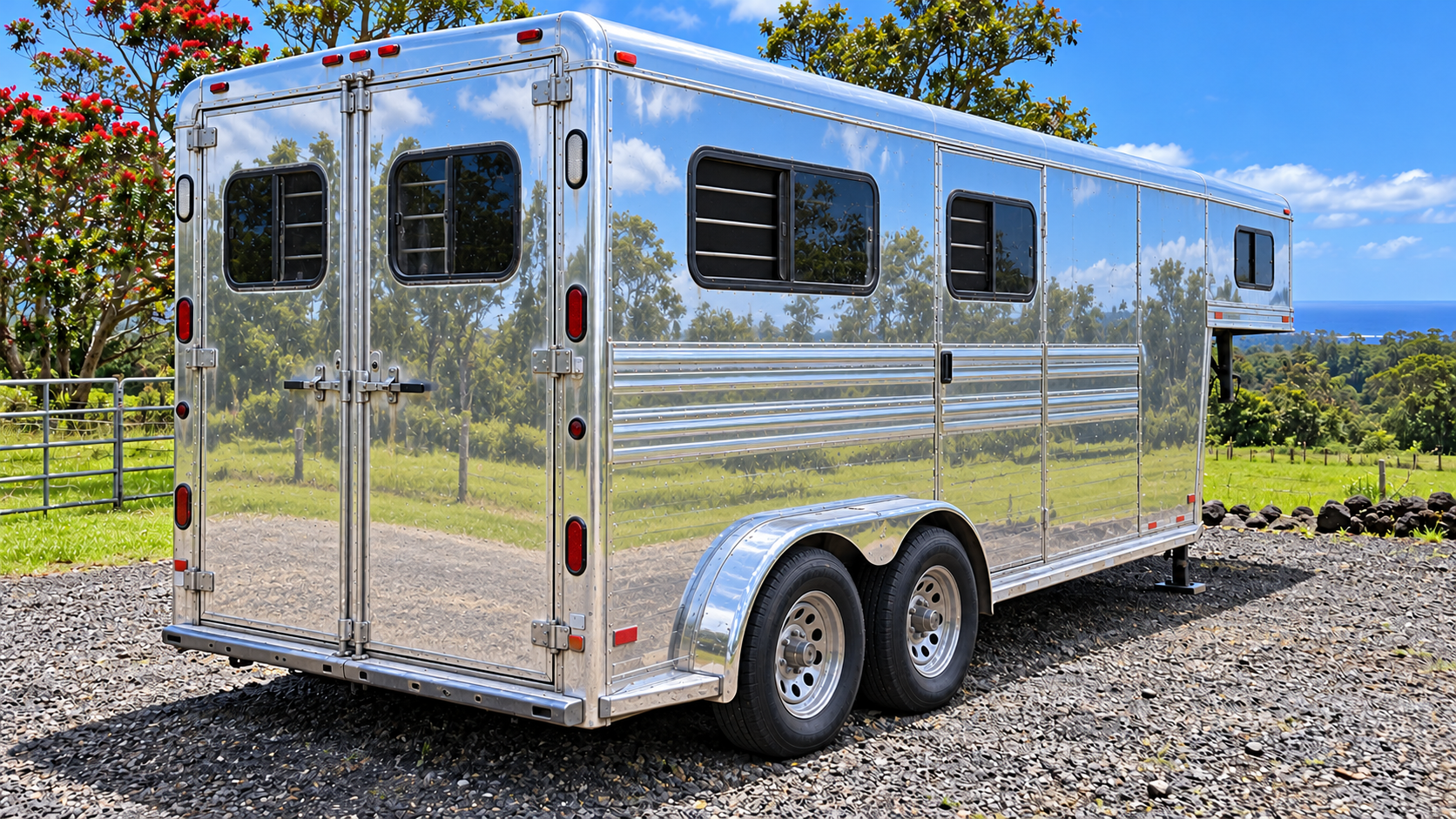 After: the same horse trailer polished bright and reflecting the sky