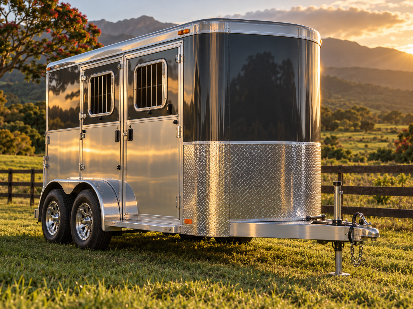 Freshly polished aluminium horse trailer at a Big Island ranch