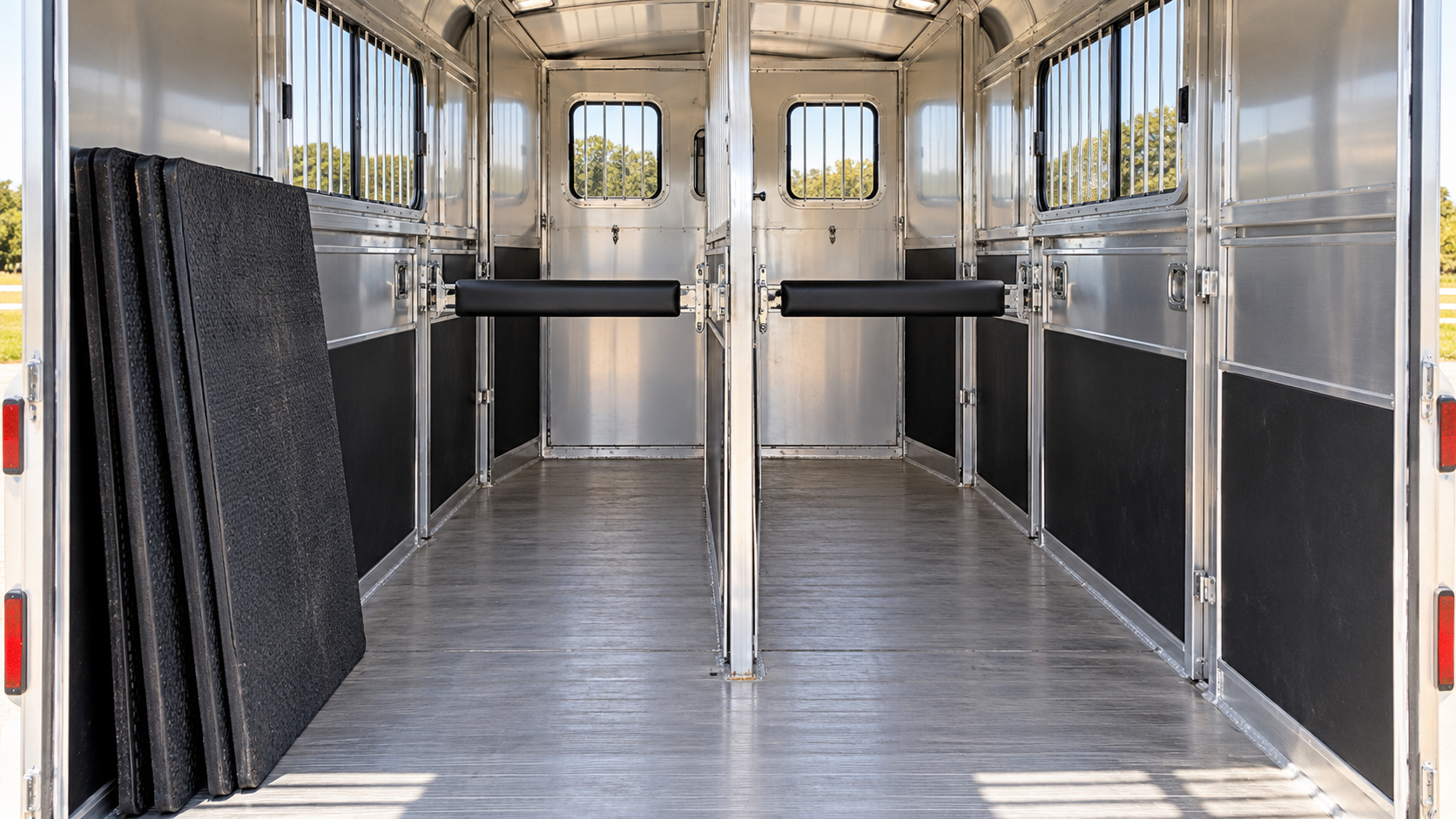 Horse trailer interior with mats removed, floor washed clean and completely dry