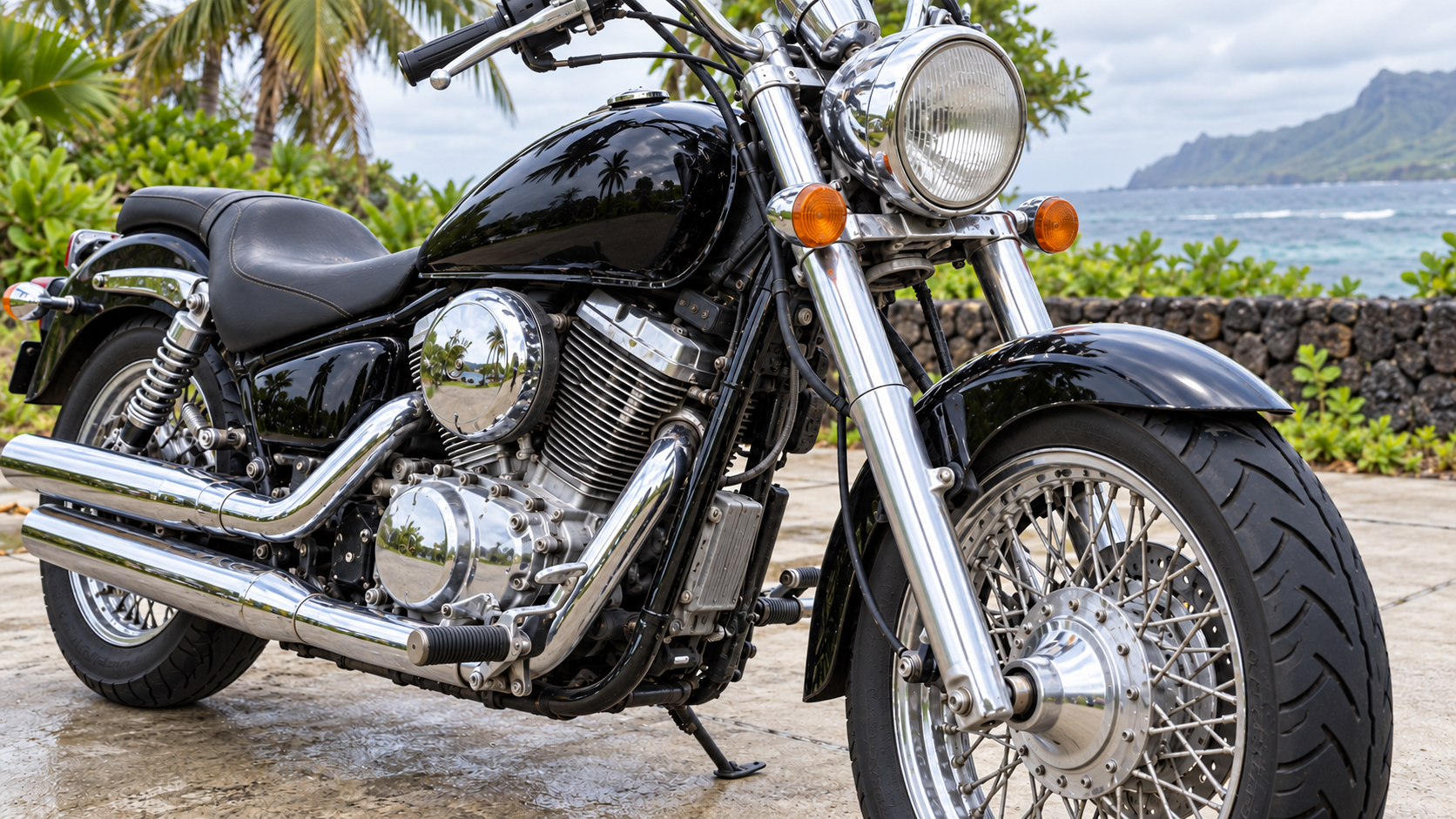 After: the same motorcycle with mirror chrome and deep wet-looking black paint