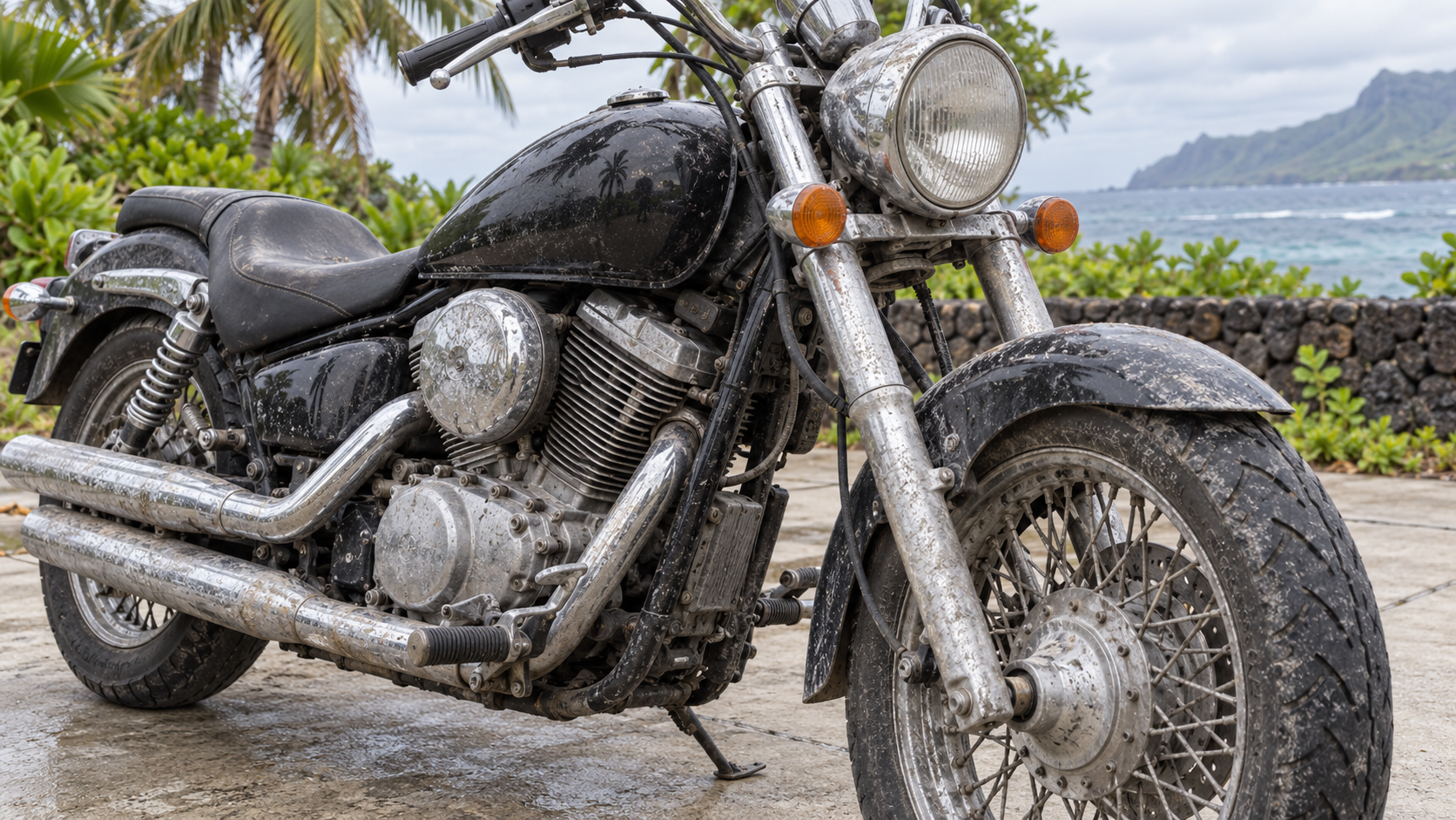 Before: motorcycle with salt-hazed chrome, dull paint and road film in the engine fins
