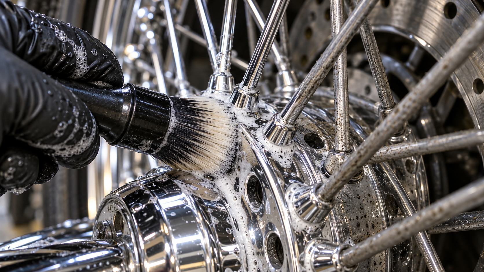 Detailing brush cleaning between chrome motorcycle spokes by hand