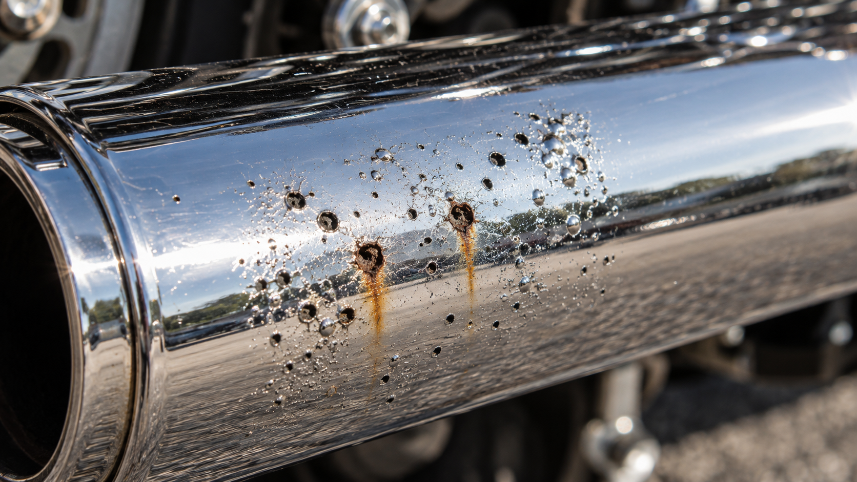 Polished motorcycle exhaust still showing salt corrosion pitting through the chrome plating