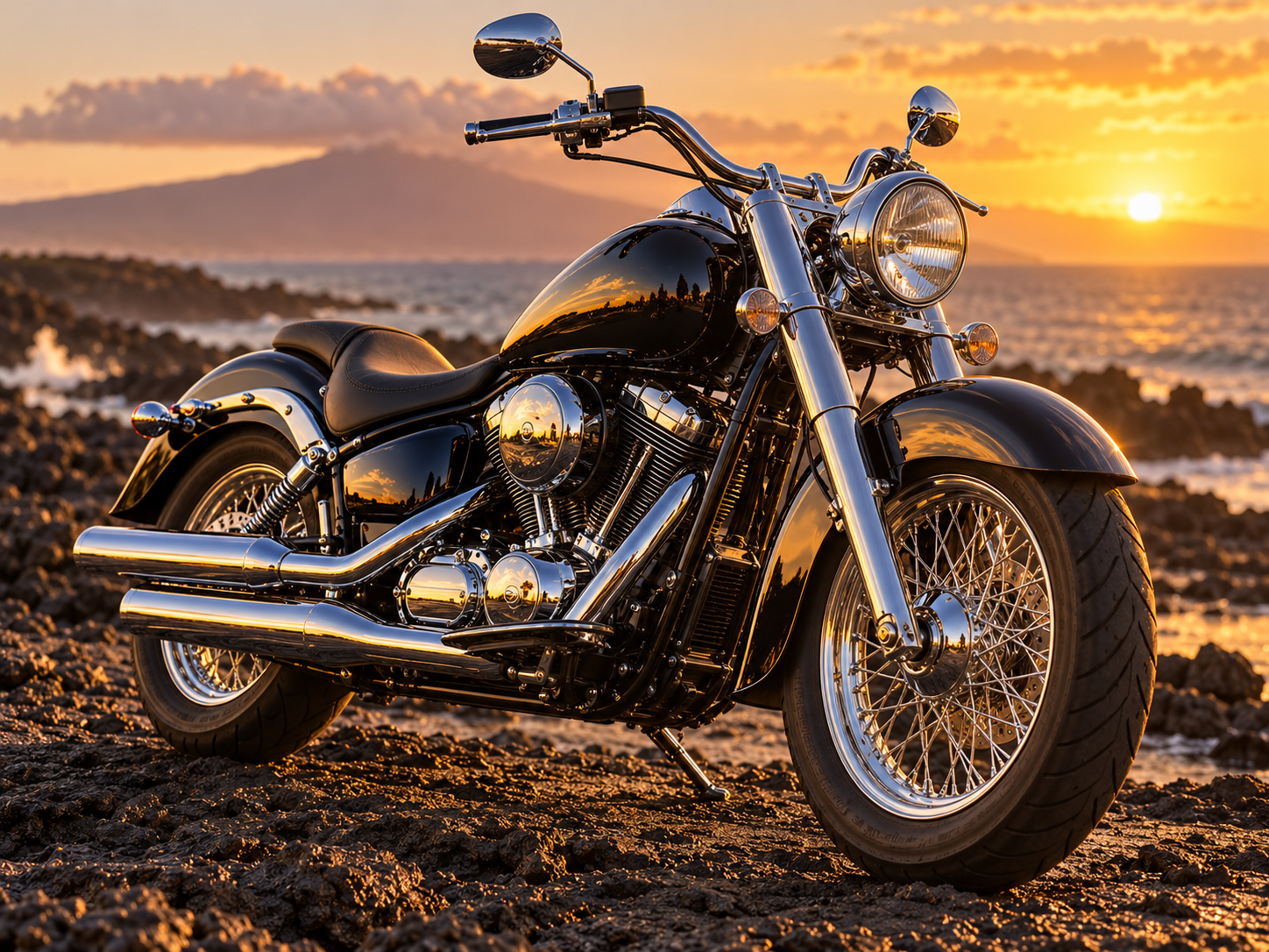 Immaculately detailed motorcycle with gleaming chrome brightwork