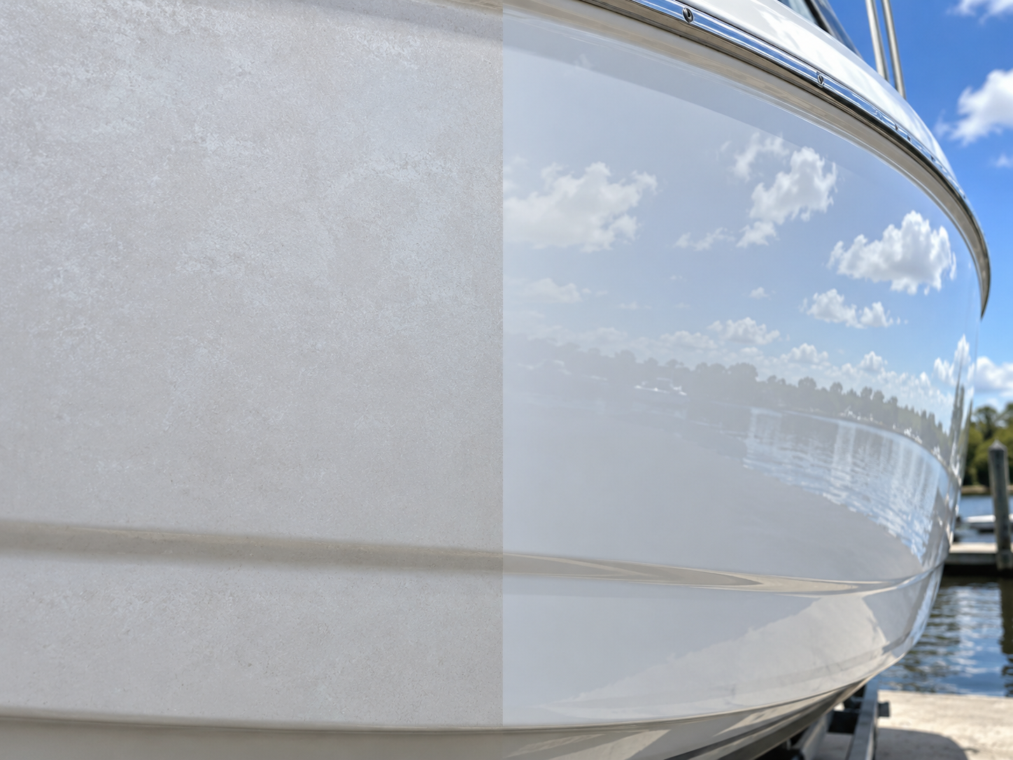 Half-compounded boat hull, chalky oxidation on one side and deep gloss on the other
