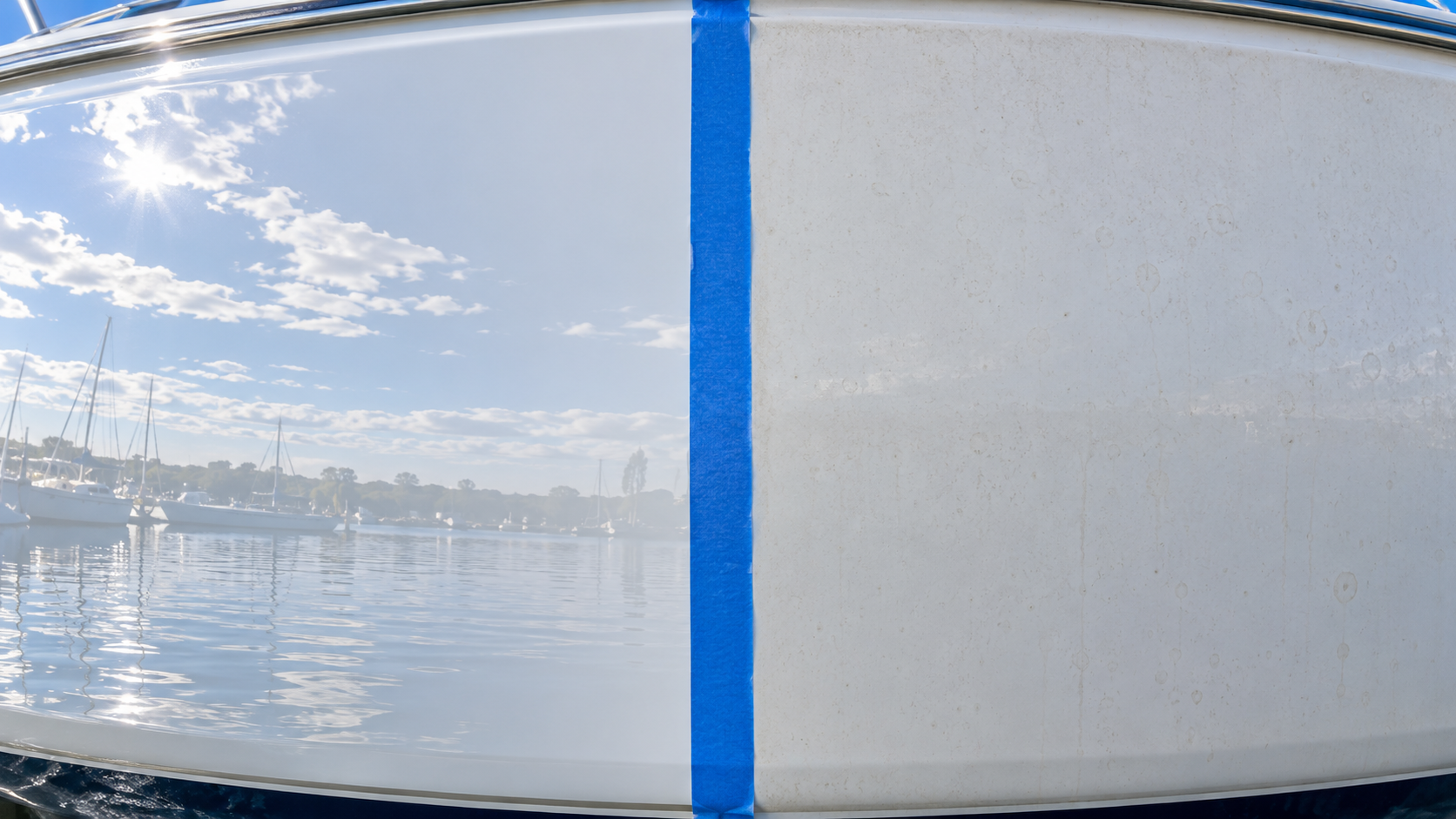 Taped fifty-fifty on one panel: polished glossy gelcoat beside untouched faded gelcoat