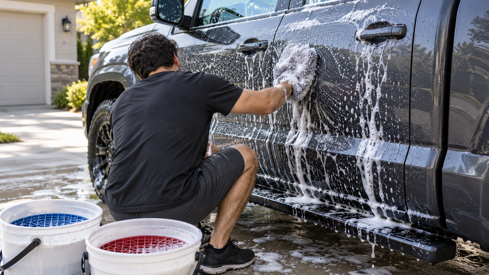 Careful two-bucket maintenance wash on a residential driveway