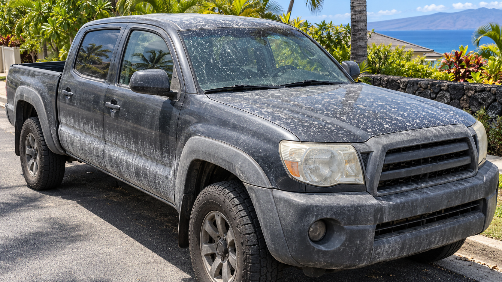 A truck a year after its last detail: flat hazy paint, salt film and water spots