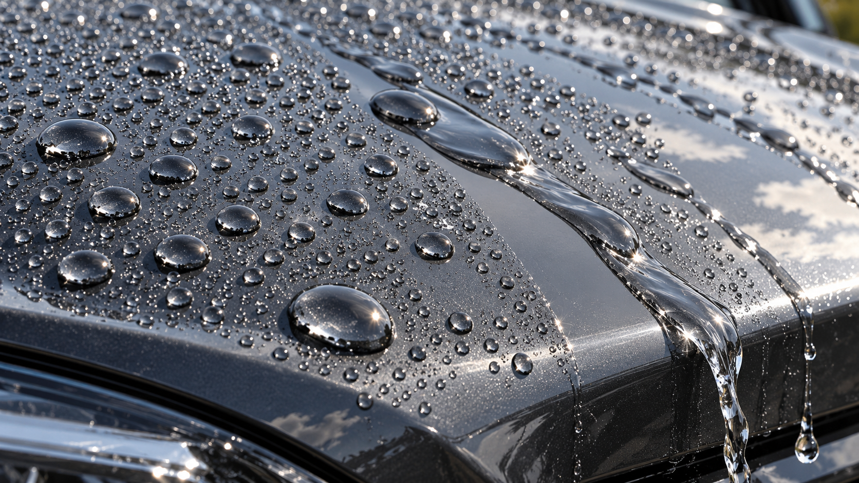 Tight water beads sheeting off a healthy ceramic coating on a car hood