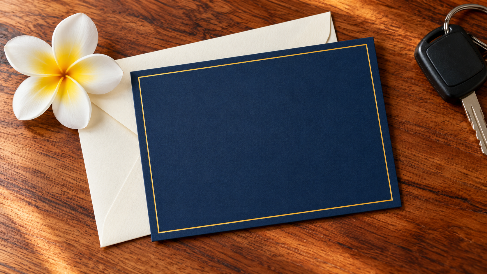 A navy and gold gift card resting on a cream envelope with a plumeria and car keys