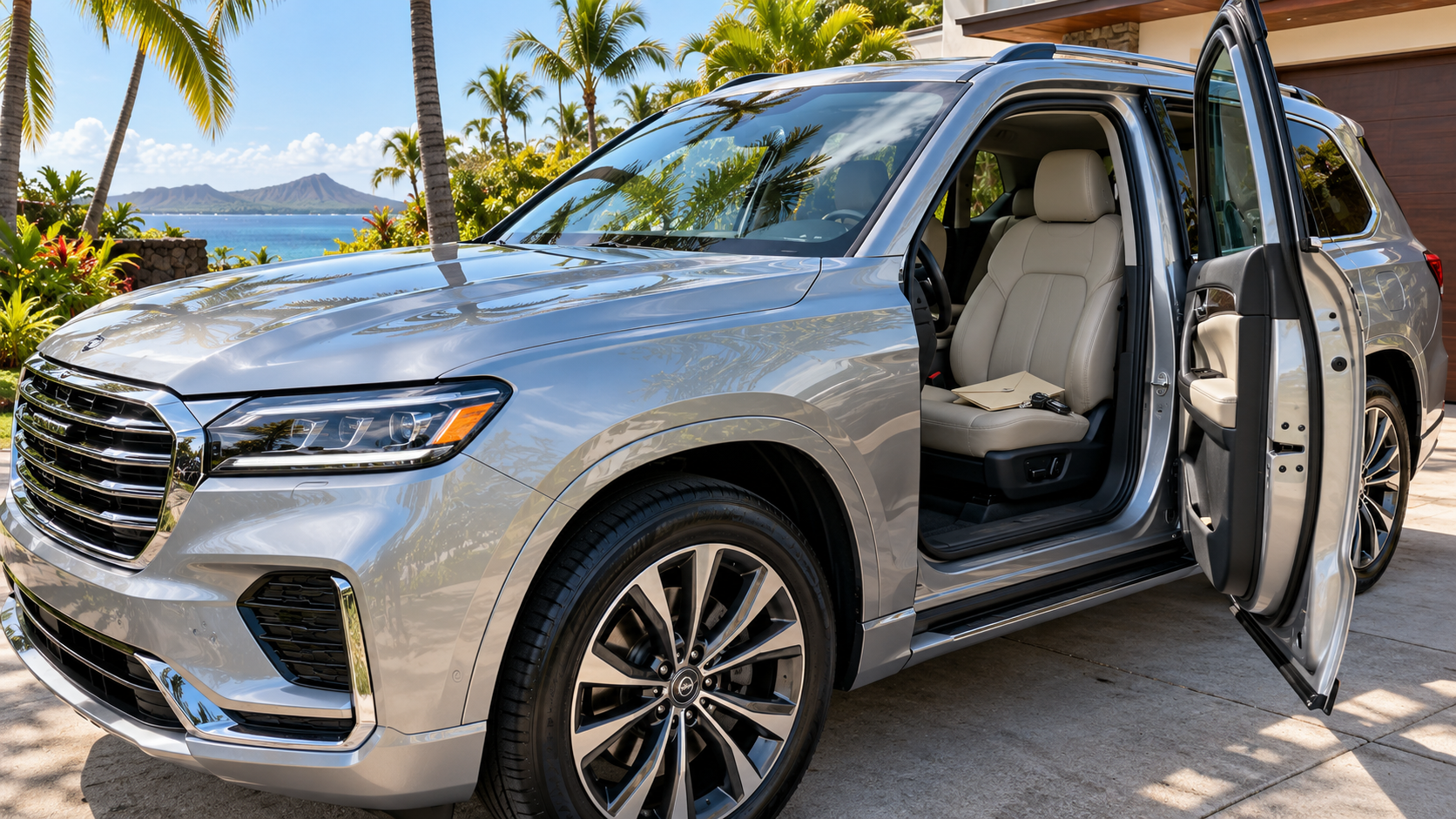 Freshly detailed SUV on a driveway with the gift envelope and keys on the seat