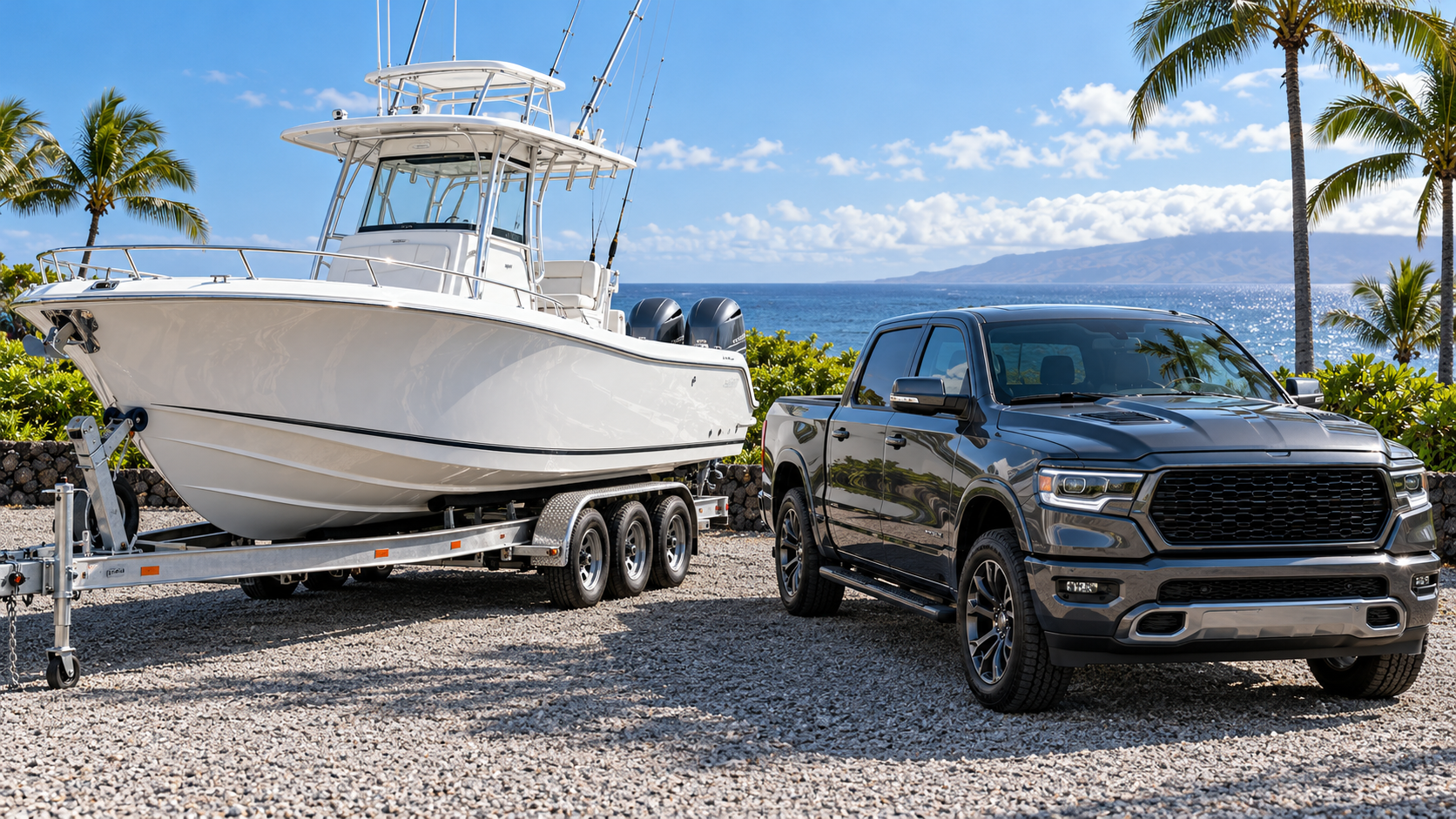 A freshly detailed boat and pickup truck side by side in a yard