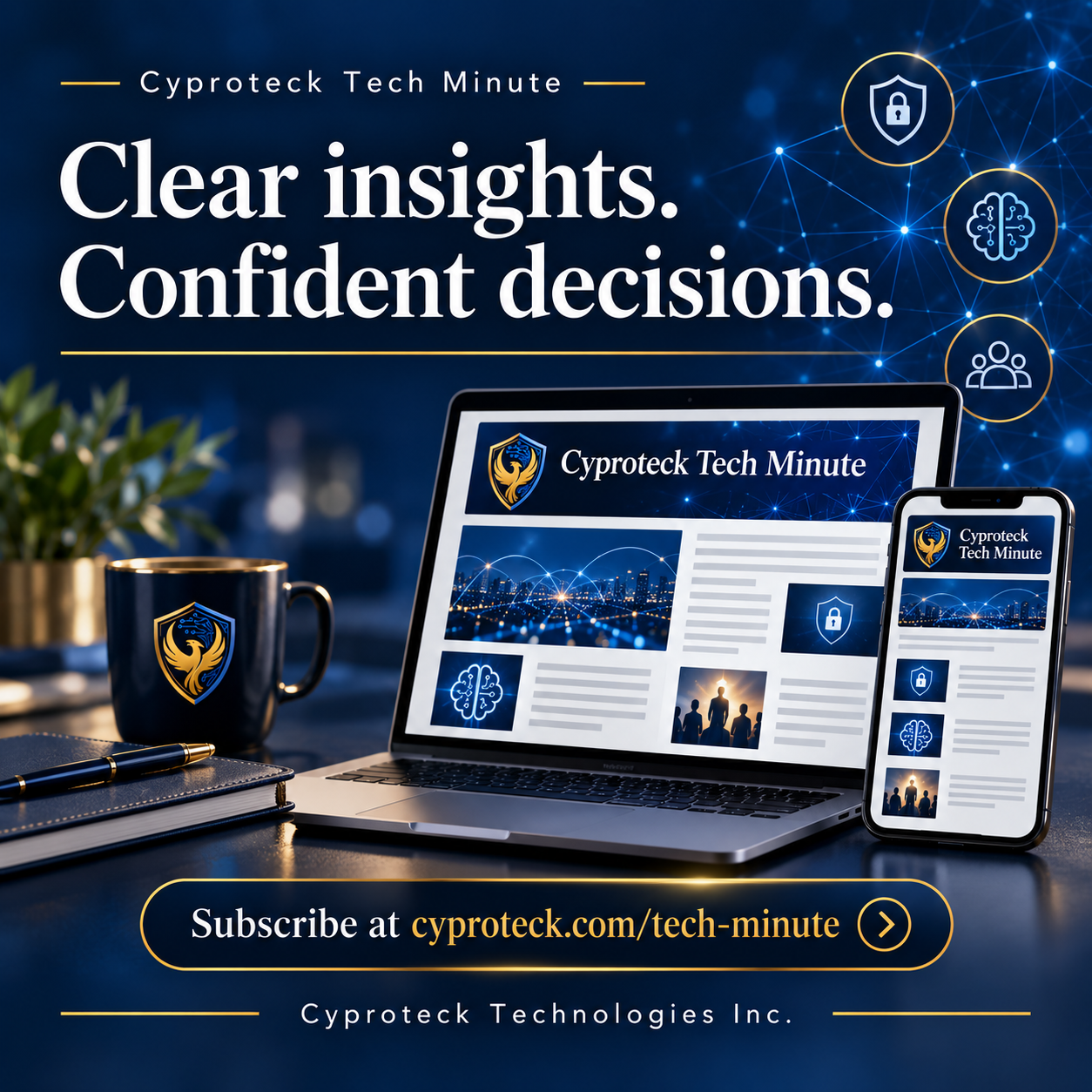 Tech Minute: Clear insights. Confident decisions. Navy and gold cybersecurity cover featuring a laptop and mobile device.