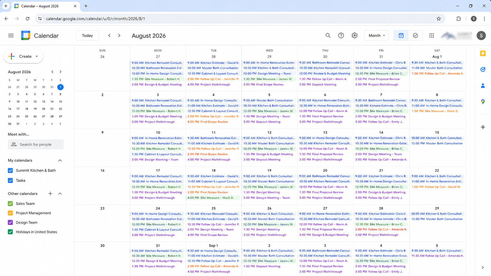 Example calendar filled with kitchen and bath consultations — demo data