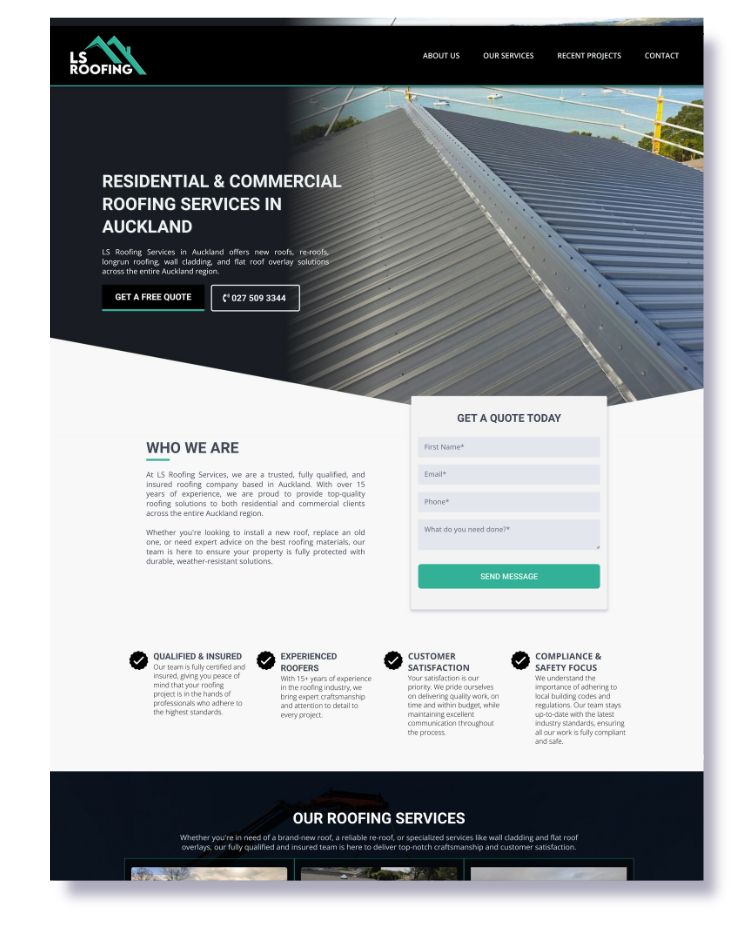 Web design for roofing company LS Roofing