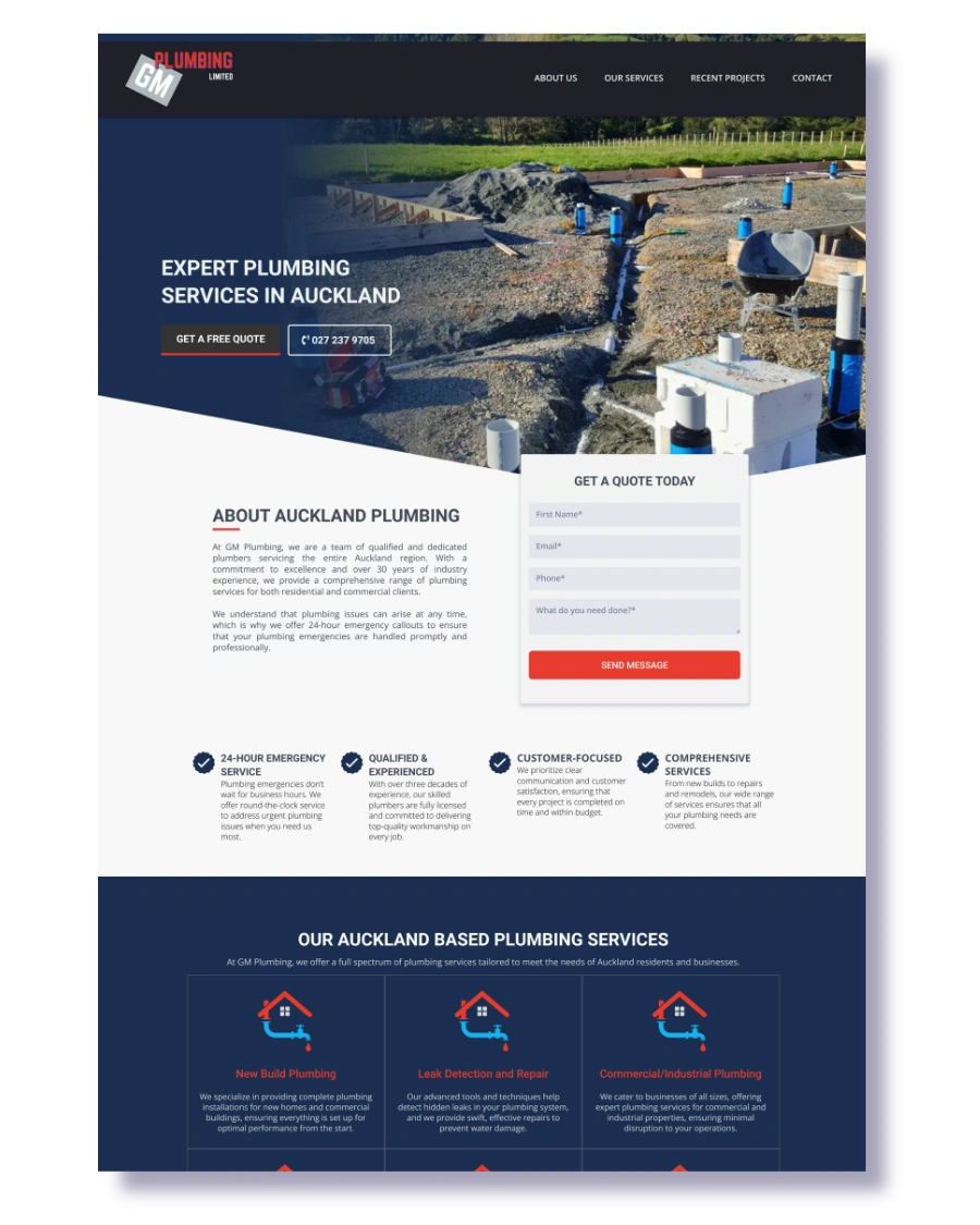 Web design for plumbing company GM Plumbing