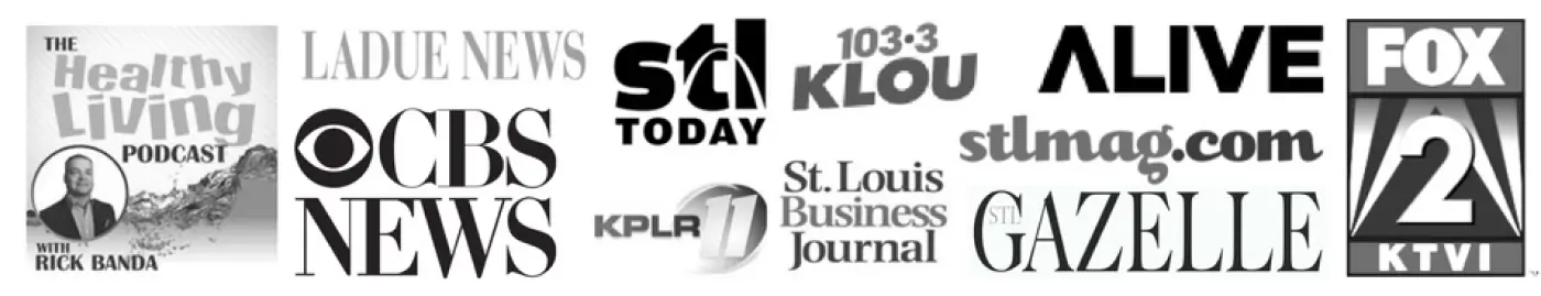 A collage of logos from various media outlets such as CBS News, STL Today, KPLR 11, The Healthy Living Podcast, 103.3 KLOU, Alive, and more.