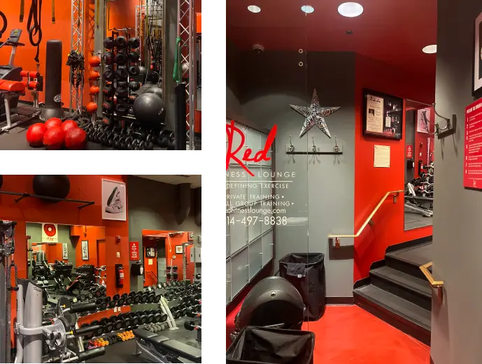 A fitness center with various exercise equipment, including weights, machines, and exercise balls. The interior features red and gray walls, with some posters and signage visible.