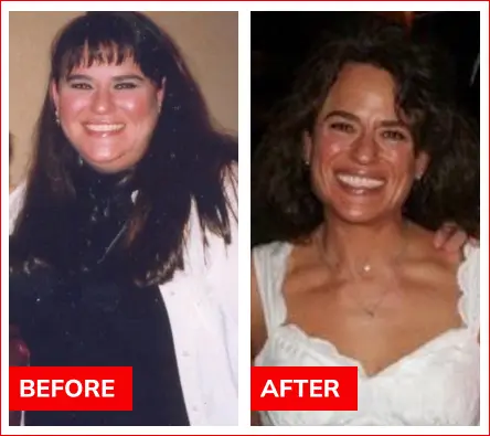 Before and after images of a woman showing physical transformation. The "before" image depicts a woman with long dark hair, wearing a black top and white jacket. The "after" image shows her with curly hair, wearing a white top, and smiling.