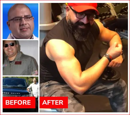 Series of images showing a man before and after weight training, with noticeable muscle gain in the "after" photo.