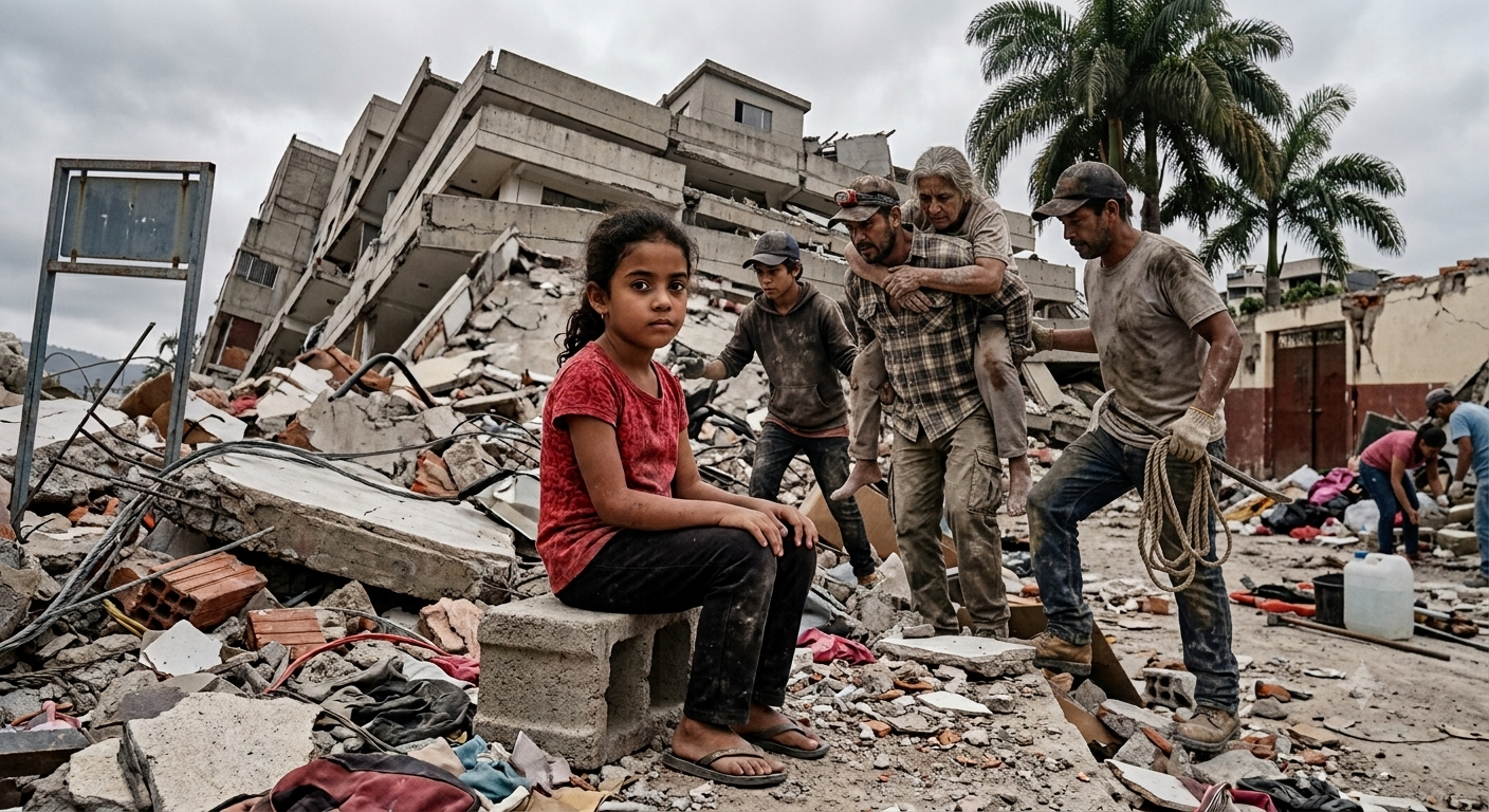 Comunidad reuniendo donaciones una semana después del terremoto, manos ayudando