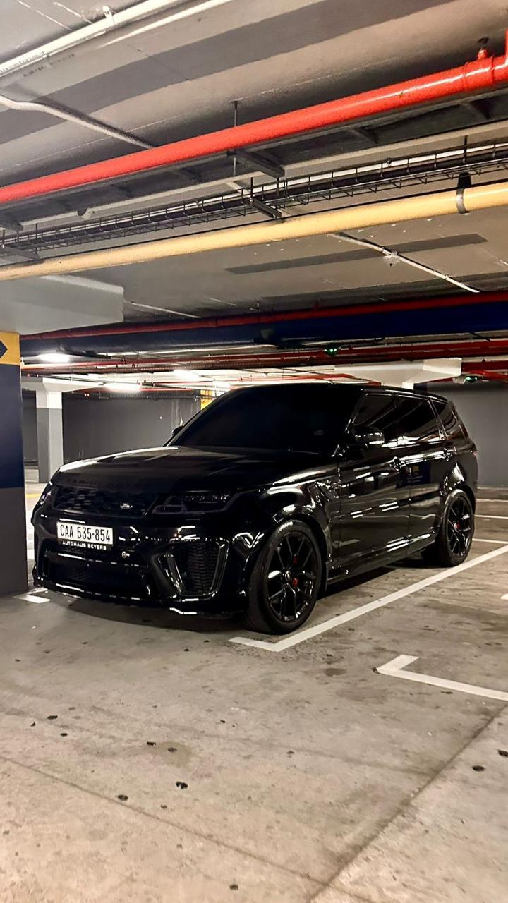 Black 2018 Range Rover Sport SVR front view for hire in Cape Town.