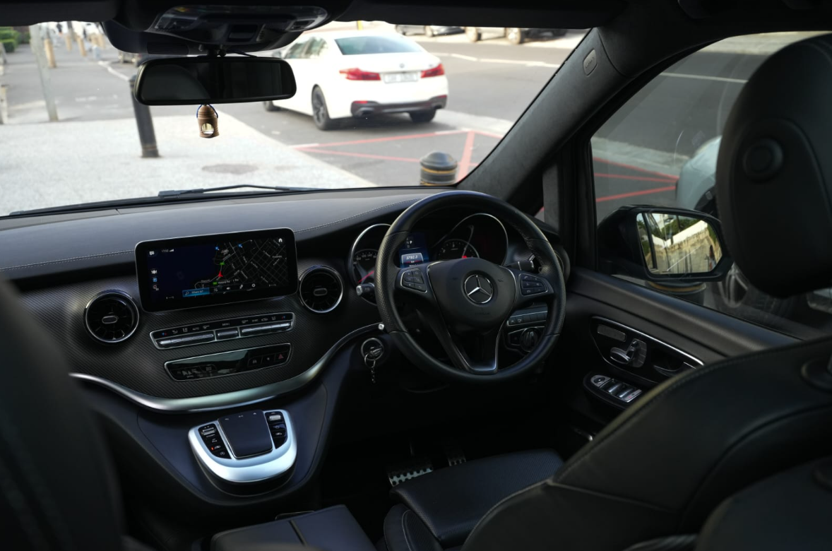 Black 2024 Mercedes-Benz V-Class V300d rear side view for hire in Cape Town.