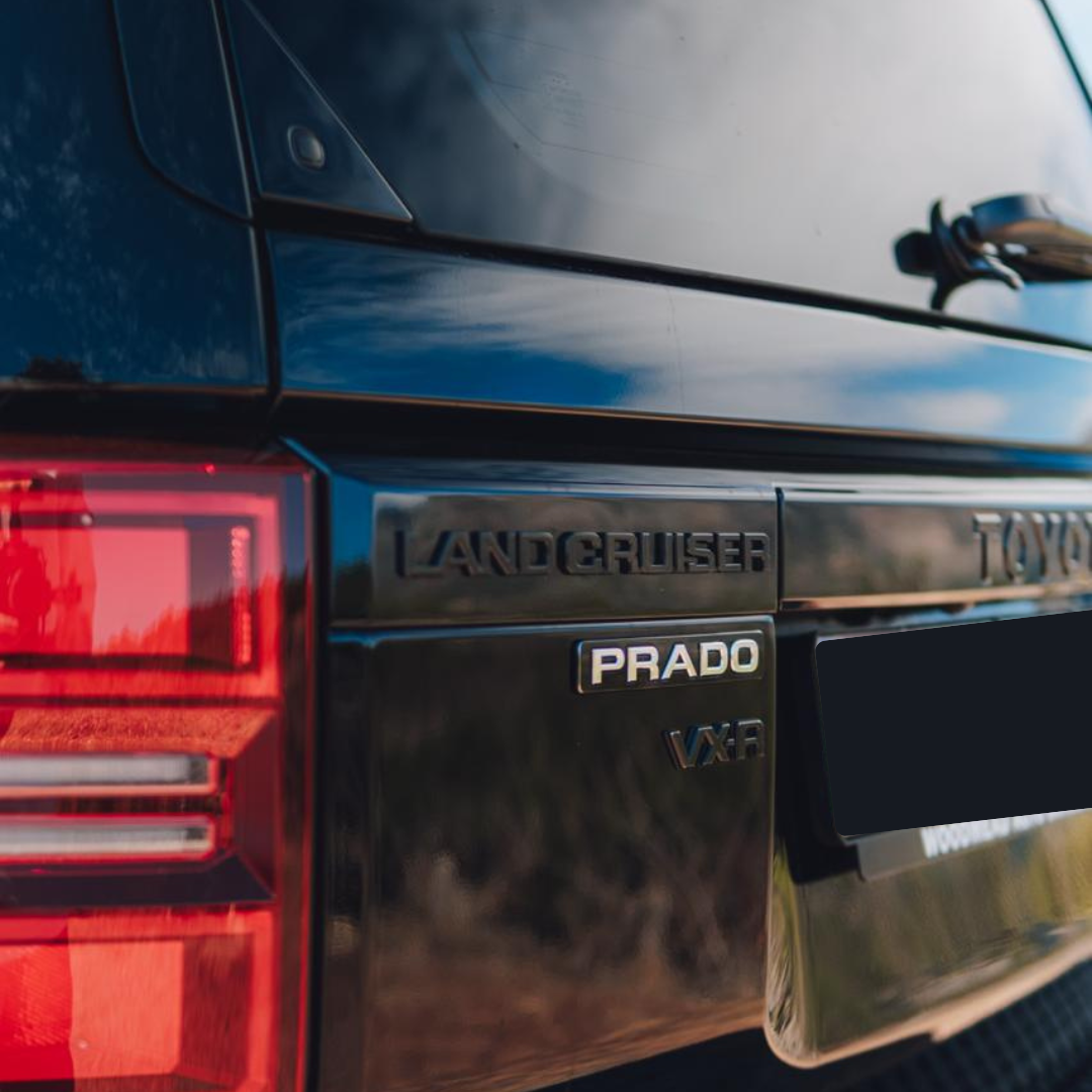 Black 2025 Toyota Land Cruiser Prado VXR rear view for hire in Cape Town.