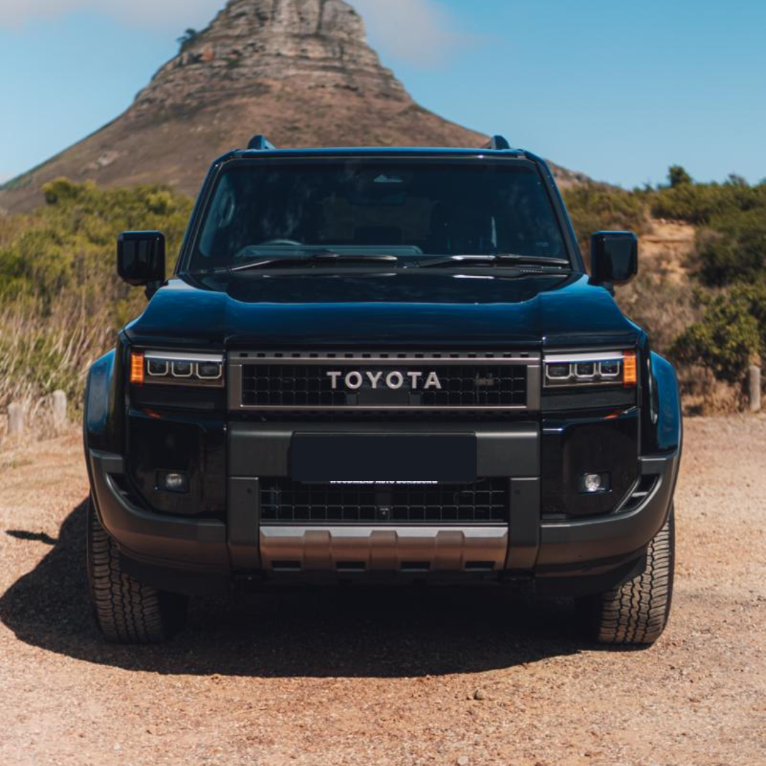 Black 2025 Toyota Land Cruiser Prado VXR front view for hire in Cape Town.