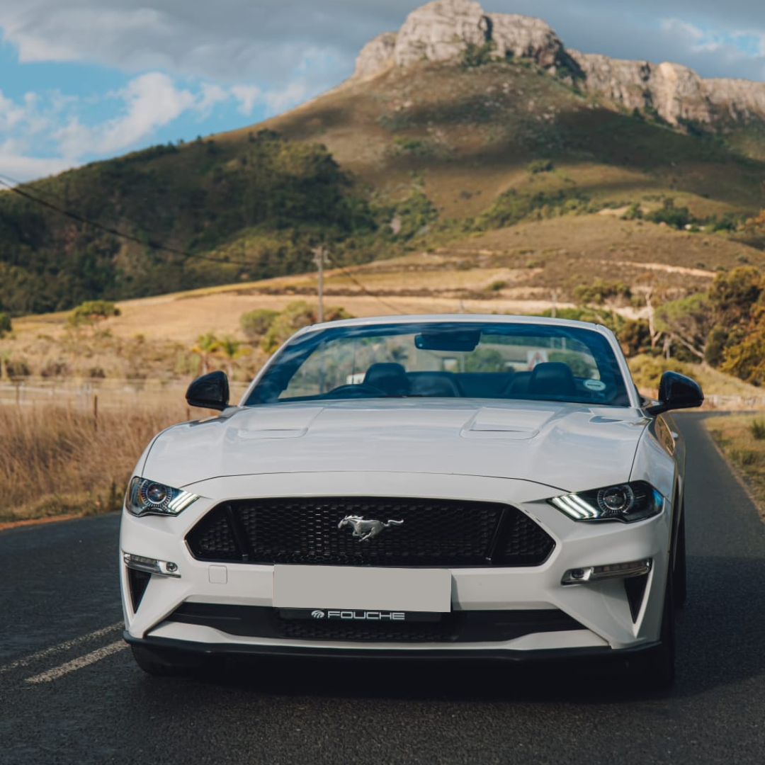 White 2021 Ford Mustang GT rear angle view for hire in Cape Town.
