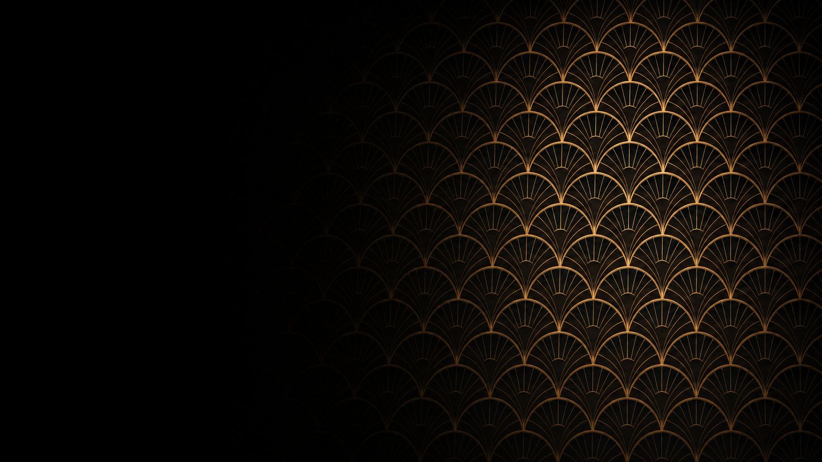 Black and gold art deco fan pattern background fading to black on the left.