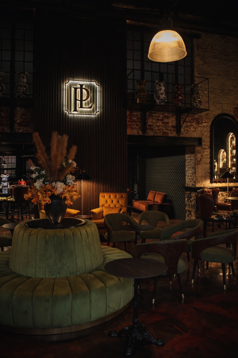 Exclusive lounge venue detail with dark walls, leather textures and warm light.