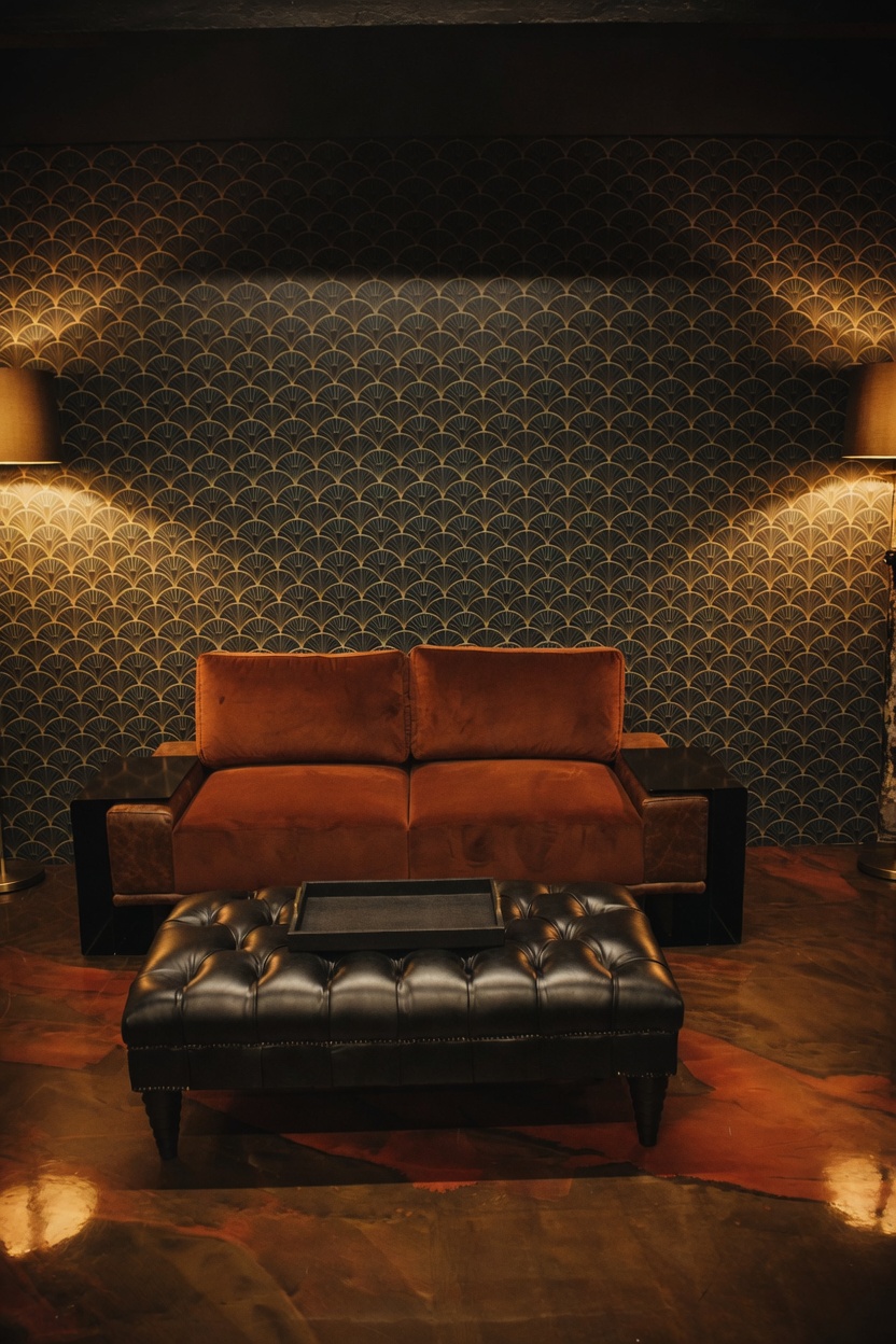 Premium lounge interior detail with dark moody finishes and warm lighting.