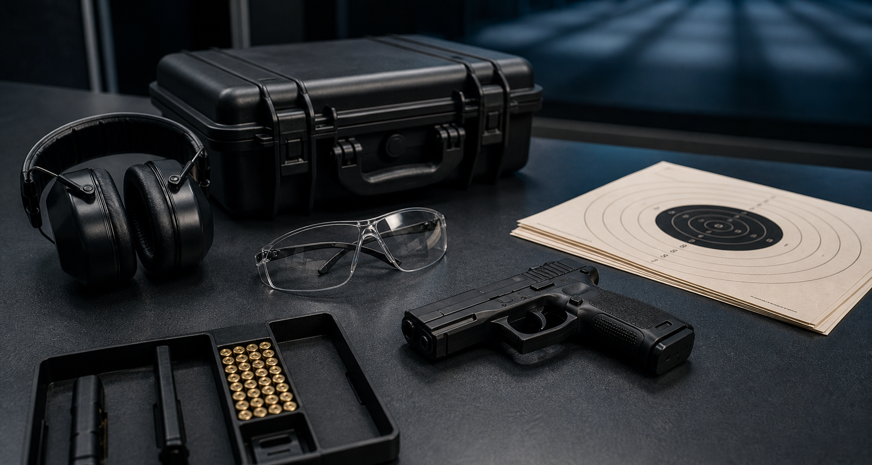Safety glasses, earmuffs, targets, and range equipment laid out on a shooting range table