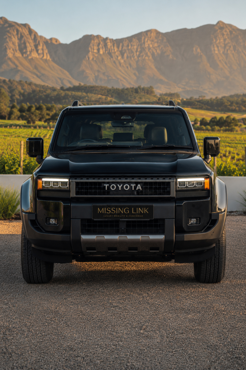 Front view of the black 2025 Toyota Land Cruiser Prado VXR 7 Seater