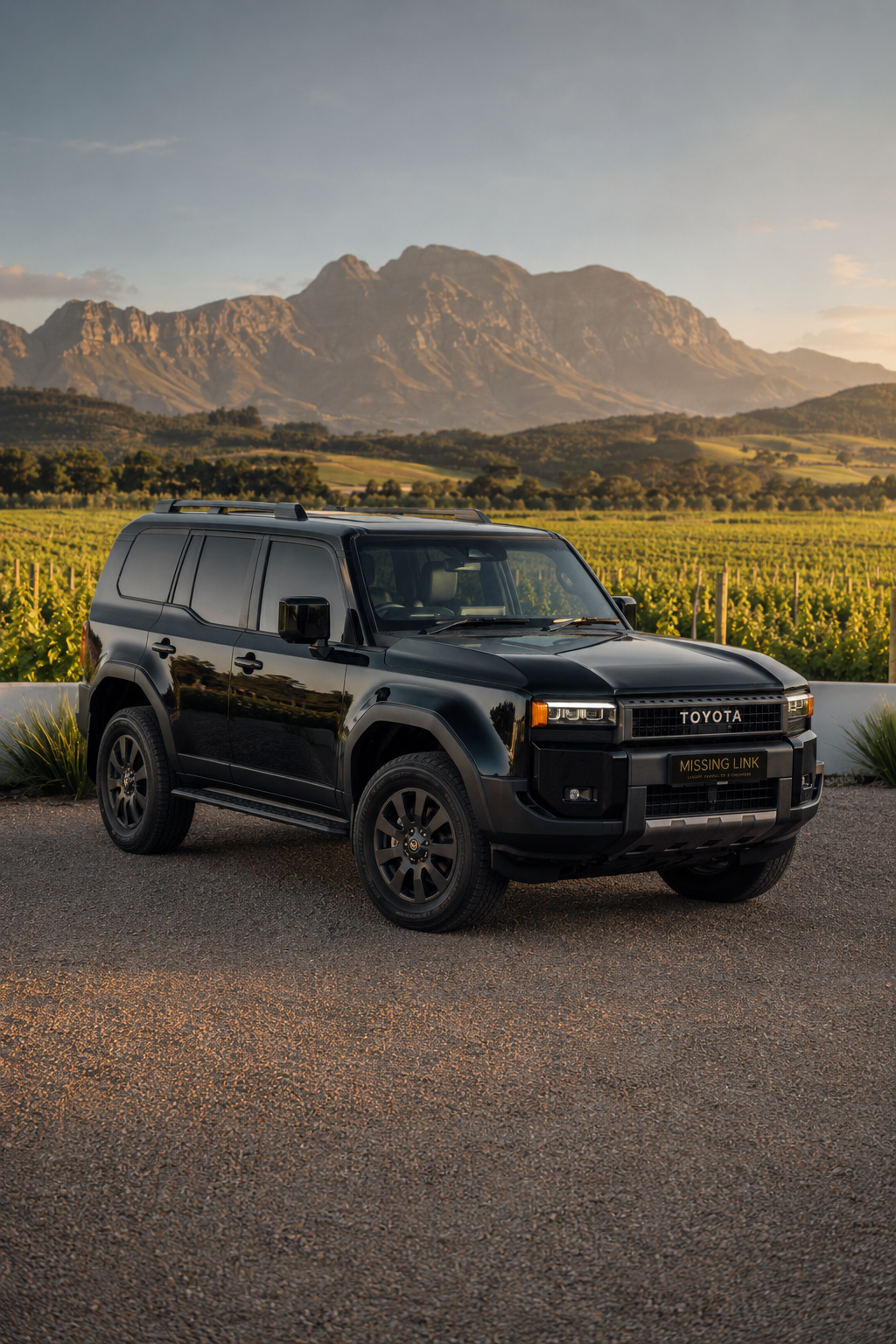 Front three-quarter view of the black 2025 Toyota Land Cruiser Prado VXR 7 Seater