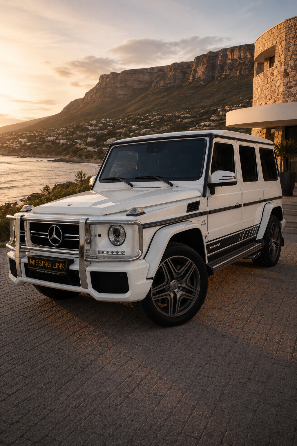 Front three-quarter view of the white 2017 Mercedes Benz G63 AMG V8 BiTurbo